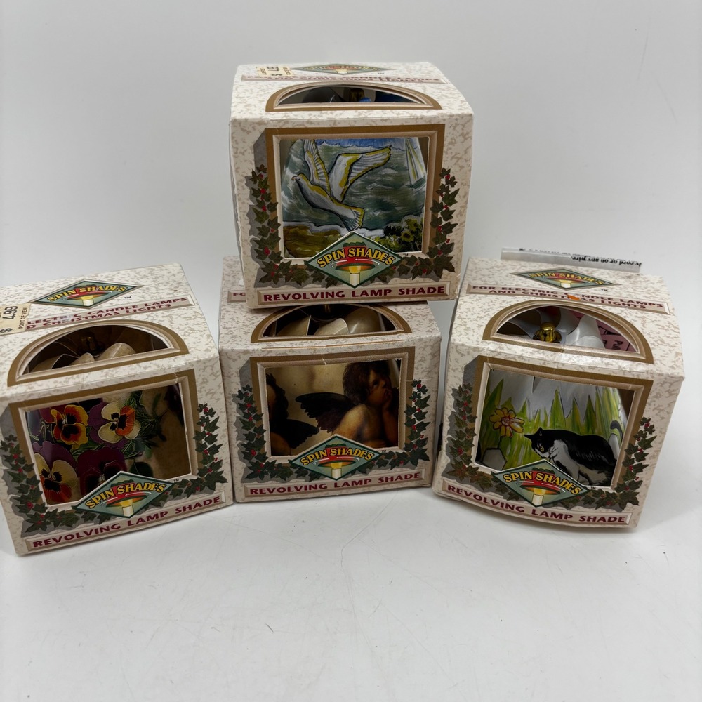 Vintage Spin Shades Revolving Lamp Shade Set Cat Cherub Seagull Pansy 4 Pack